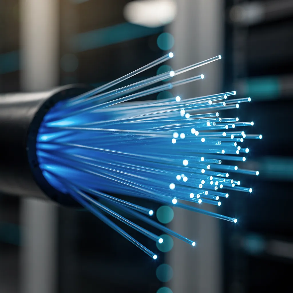 Fiber optic cables glowing blue