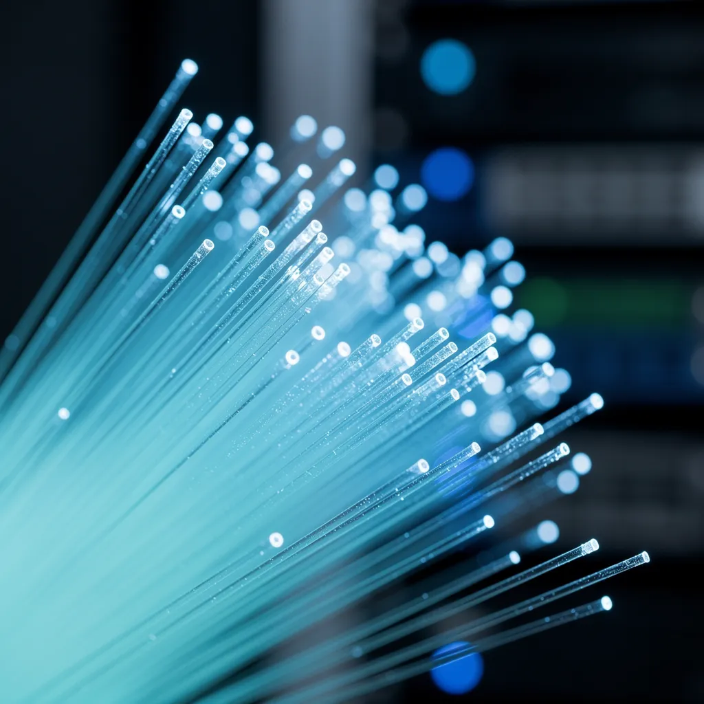 Fiber optic cables glowing blue