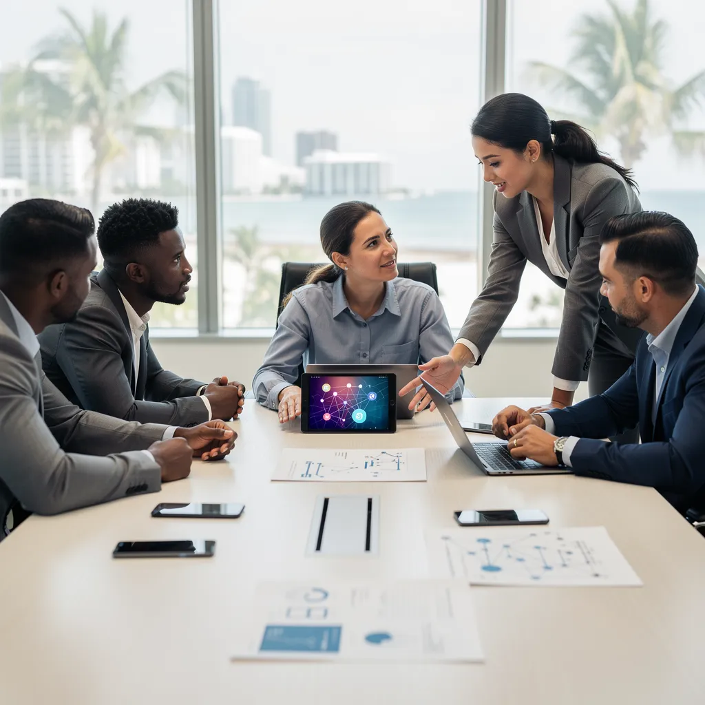 Business team discussing telecom solutions