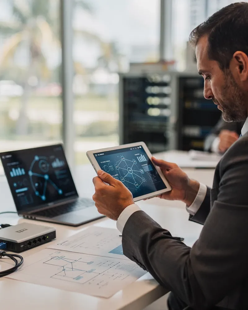 Business professional reviewing network options on a tablet