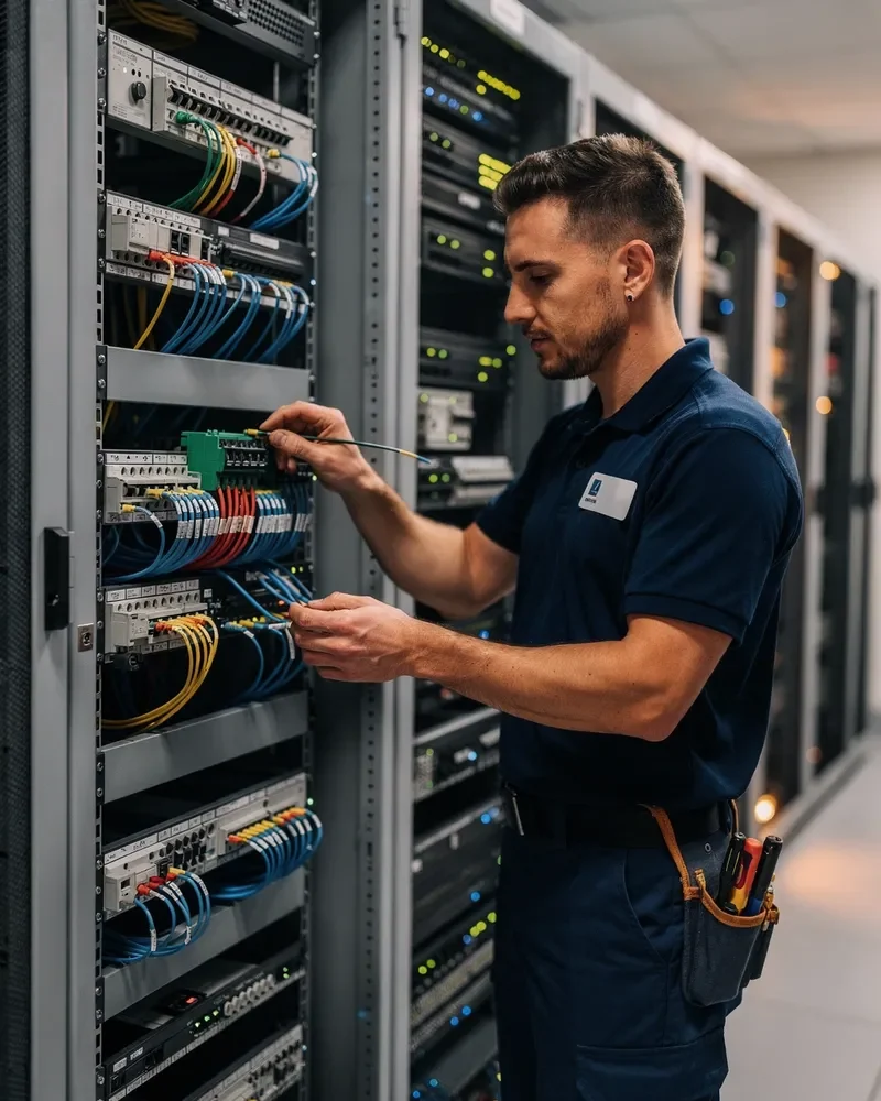Telecom technician setting up network equipment