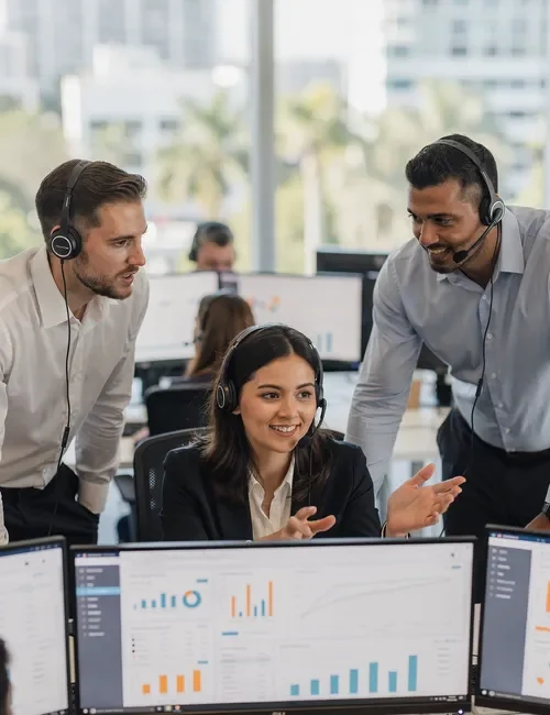 Team collaborating in a bright office with multiple screens showing call data