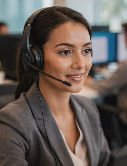 Customer service representative using a headset in a modern contact center