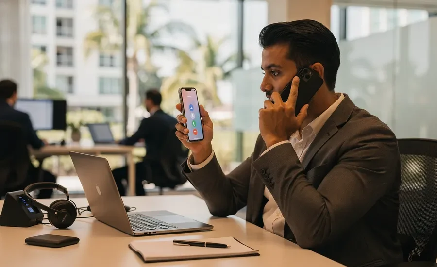 Business professional using a mobile VoIP app on smartphone