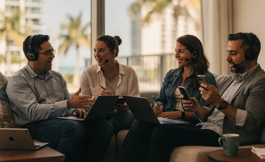 Team collaborating remotely using unified communications on multiple devices