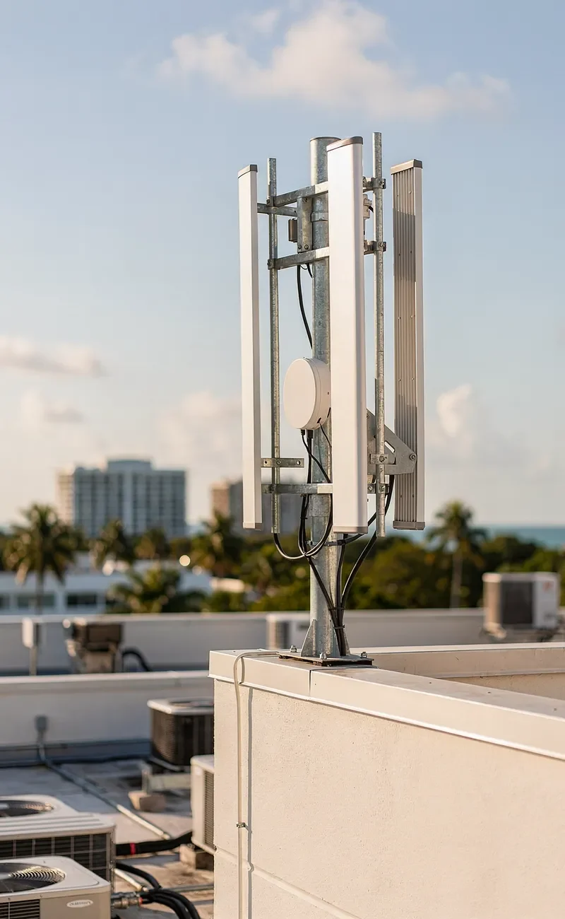 Wireless antenna on building roof providing fixed wireless broadband